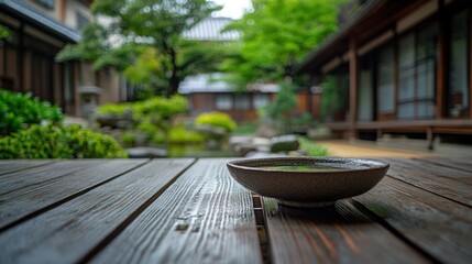 Poster - A serene garden scene featuring a shallow bowl on a wooden surface amidst lush greenery.