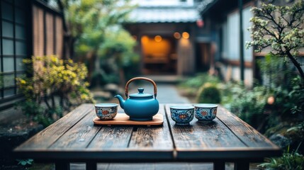 Poster - A serene tea setup with a teapot and cups in a tranquil garden setting.