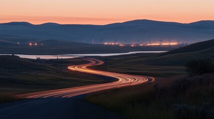 Canvas Print - A winding road through hills at dusk, illuminated by vehicle lights and a distant lake.