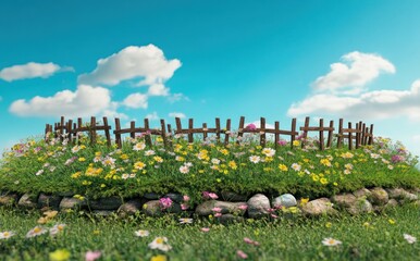 Poster - A vibrant, flower-filled landscape enclosed by a wooden fence under a bright blue sky.