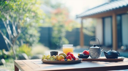 Sticker - A serene outdoor breakfast scene featuring fruits, tea, and juice on a wooden table.