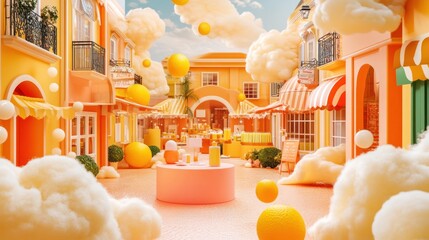 Poster - A whimsical, colorful marketplace filled with fluffy clouds and vibrant spheres.