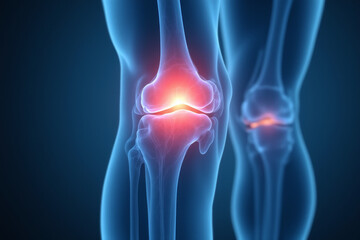 front view of an x-ray of the knee joint with the problem area illuminated in red