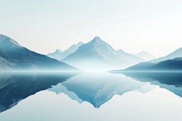 a minimalist and simple mountain range with a reflection in a lake. Tranquil, calming mood