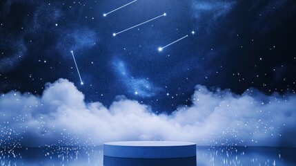 Wall Mural - a serene night sky with shooting stars above a circular platform amidst clouds.