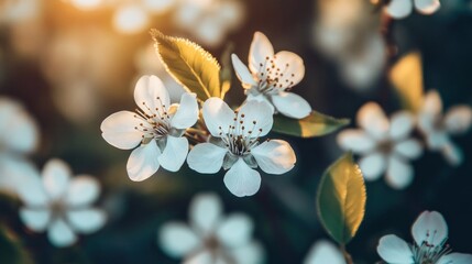 Wall Mural - A close-up of delicate white flowers with green leaves, illuminated by soft sunlight.