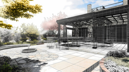 Wireframe rendering of a building in 3D. Done view hard landscaping, new luxury stone patio and garden of English home. Idea for an abstract construction graphic