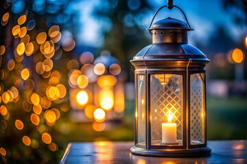 Wall Mural - flickering lantern casting warm glow against evening sky with glass texture
