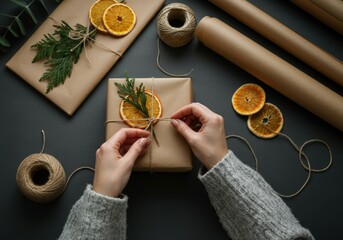 Wall Mural - woman is carefully tying a string around a christmas present, using natural jute twine and a dried o