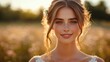 © Kalivmasa - A young woman with freckles and a warm smile stands in a field of flowers, bathed in the golden light of the setting sun.