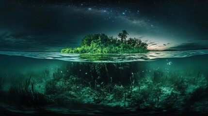 Sticker - A serene underwater scene featuring an island above and marine life below.