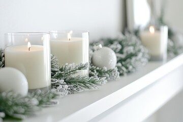 Wall Mural - Christmas decoration in white color with burning candles and pine branches on a mantelpiece