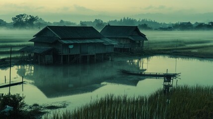 Wall Mural - Tranquil rural scene with wooden houses surrounded by misty water and rice fields at dawn.