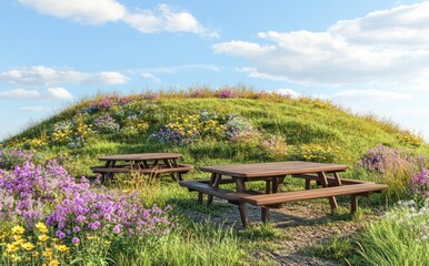 Wall Mural - A serene picnic area surrounded by vibrant wildflowers on a grassy hill.