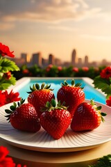 Wall Mural - Realistic delicious fresh Strawberry on a plate