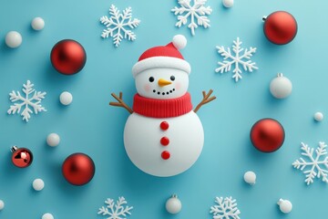 Wall Mural - smiling snowman wearing a red hat and scarf, surrounded by christmas baubles and snowflakes on a blu