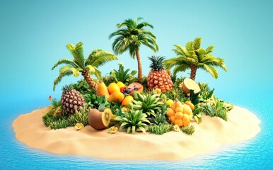 Poster - A vibrant tropical island scene featuring various fruits and palm trees.