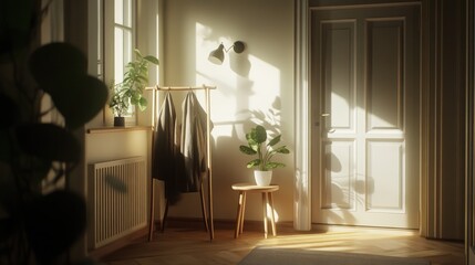 Sticker - A sunlit interior featuring plants, clothing, and warm shadows.