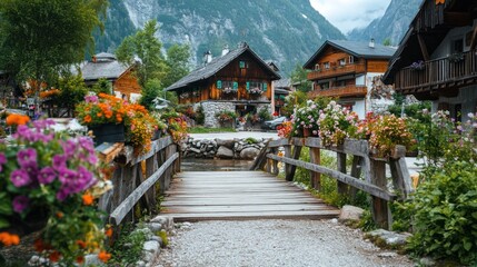 Poster - Scenic village bridge surrounded by vibrant flowers and mountains.