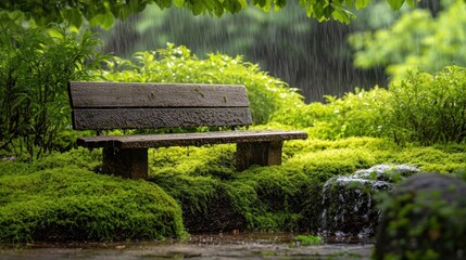 Sticker - A serene park scene featuring a wooden bench surrounded by lush greenery and rain.