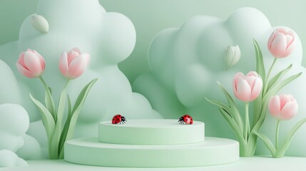 Canvas Print - A whimsical display featuring ladybug figurines among pastel flowers in a soft, cloud-like setting.