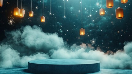 Sticker - A serene stage with hanging lanterns amidst clouds and stars, evoking a dreamy atmosphere.