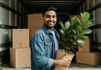 Happy homeowner is carrying a plant while standing in a moving van full of cardboard boxes