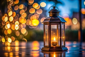 Wall Mural - warm lantern glow with blurred background lights and glass texture