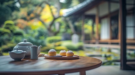 Poster - A serene tea setting with pastries in a tranquil garden.