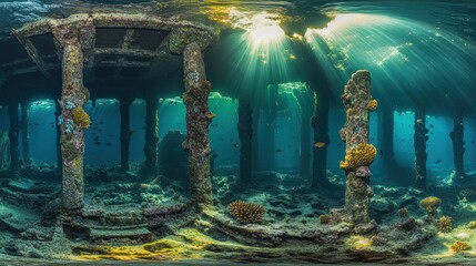 Sticker - Underwater scene showcasing a submerged structure with marine life and sunlight filtering through.