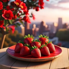 Wall Mural - Realistic delicious fresh Strawberry on a red color Wood plate