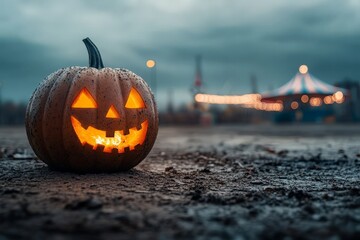 A glowing jack-o'-lantern sits on a muddy ground, with a festive background, capturing the essence of Halloween night.