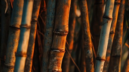 Wall Mural - Close-up of bamboo stalks illuminated by warm light, showcasing their texture and colors.