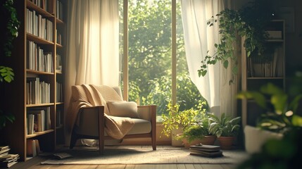 Canvas Print - A cozy reading nook with plants and natural light, inviting relaxation and tranquility.