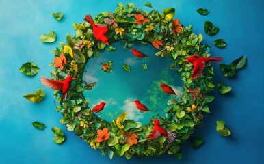 Canvas Print - A vibrant wreath made of leaves and flowers, featuring red birds and a blue sky backdrop.