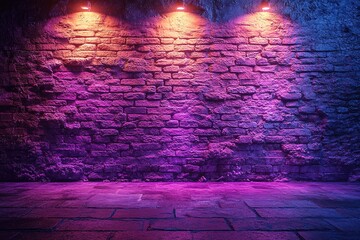 A brick wall with three lights shining on it