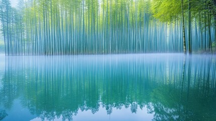 Wall Mural - A serene bamboo forest reflecting in tranquil waters, enveloped in mist.