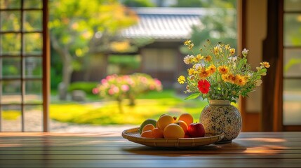 Poster - A serene indoor scene featuring a fruit basket and a flower vase with a garden view.