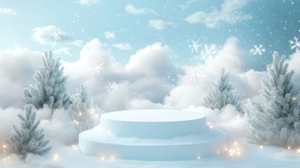 Wall Mural - A serene winter scene with a circular platform surrounded by snow-covered trees and clouds.