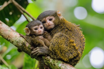 Wall Mural - Two monkeys cuddling on a tree branch in a lush green environment.