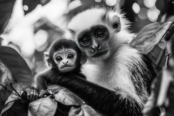 Wall Mural - A black-and-white image of a mother monkey holding her baby among leaves.