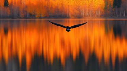 Poster - A bird glides over a tranquil lake reflecting vibrant autumn colors.