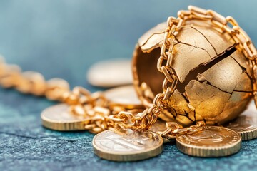 A cracked golden globe surrounded by coins, symbolizing wealth and global economic challenges.