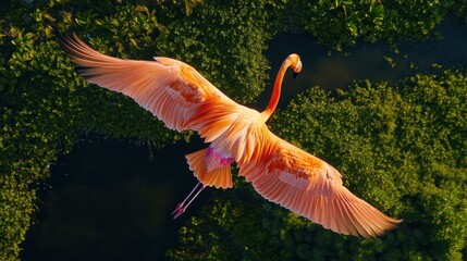 Canvas Print - A vibrant flamingo gliding over lush greenery, showcasing nature's beauty.