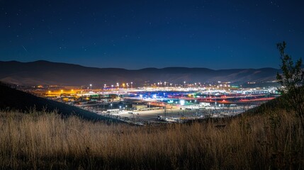 Poster - A night view of a vibrant industrial area illuminated by colorful lights against a mountainous backdrop.