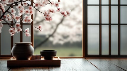 Wall Mural - A serene view of cherry blossoms through a traditional window, featuring tea utensils.