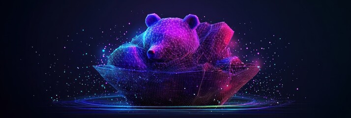 Canvas Print - A vibrant, digital bear sculpture surrounded by colorful particles in a dark background.