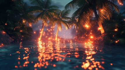 Wall Mural - A serene water scene illuminated by glowing lights and surrounded by palm trees.