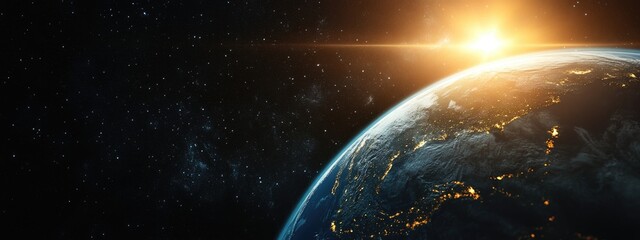 the earth in space with the sun rising over it.