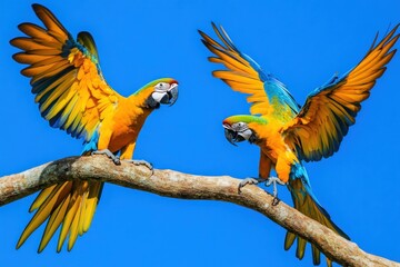 Wall Mural - Two vibrant parrots perched on a branch against a bright blue sky.